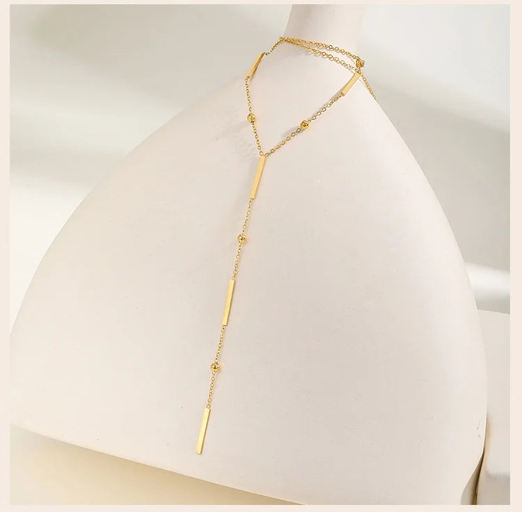 Beaded Long Chain Y Shape Necklace For Women, Minimalist Drop Bar Pendant Choker Necklaces, Clavicle Chain Jewelry