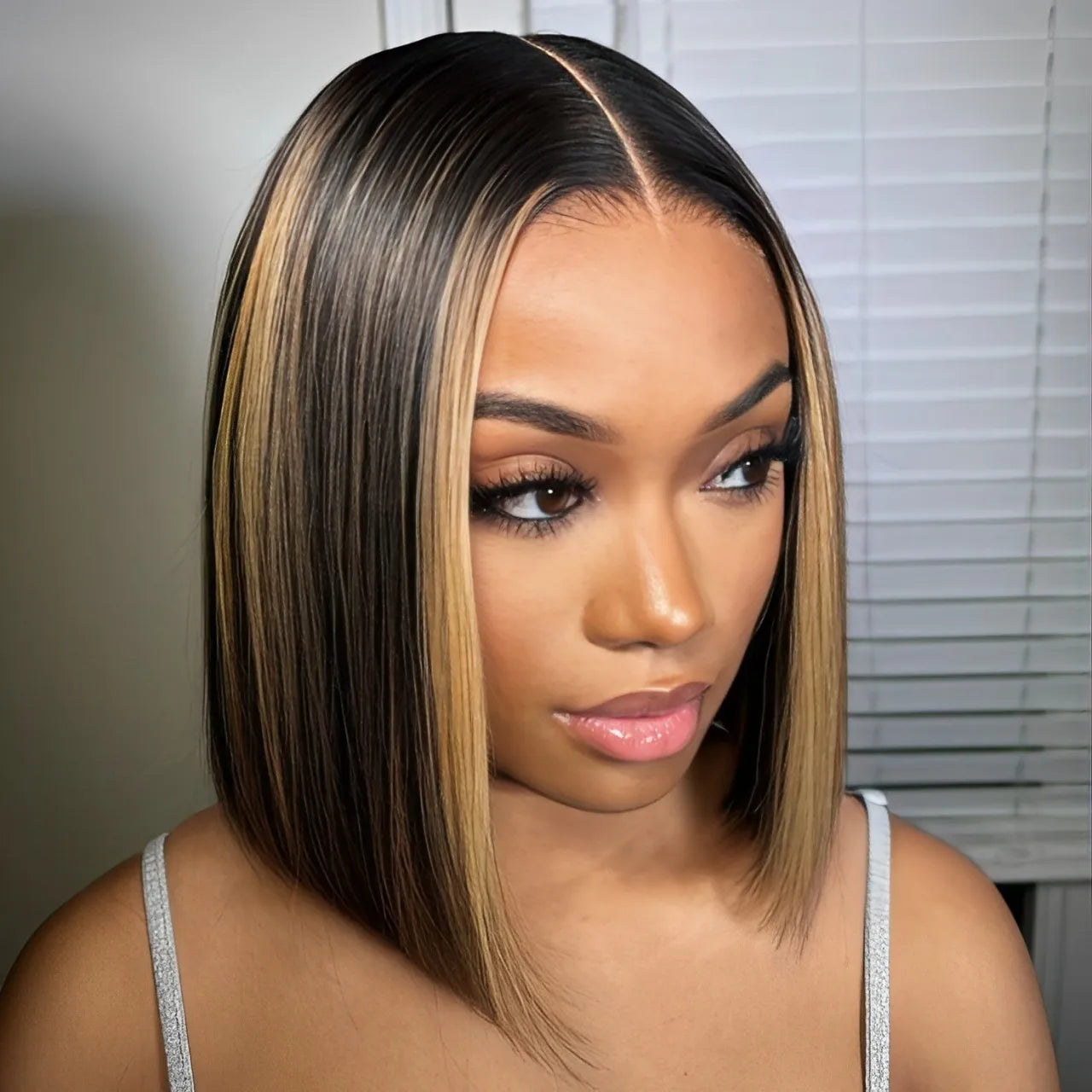 Lekker Highlight Brown Straight Bob 13x1 T Part Lace Front 100% Human Hair Wigs For Women Brazilian Remy Hair Colored Bob Wigs