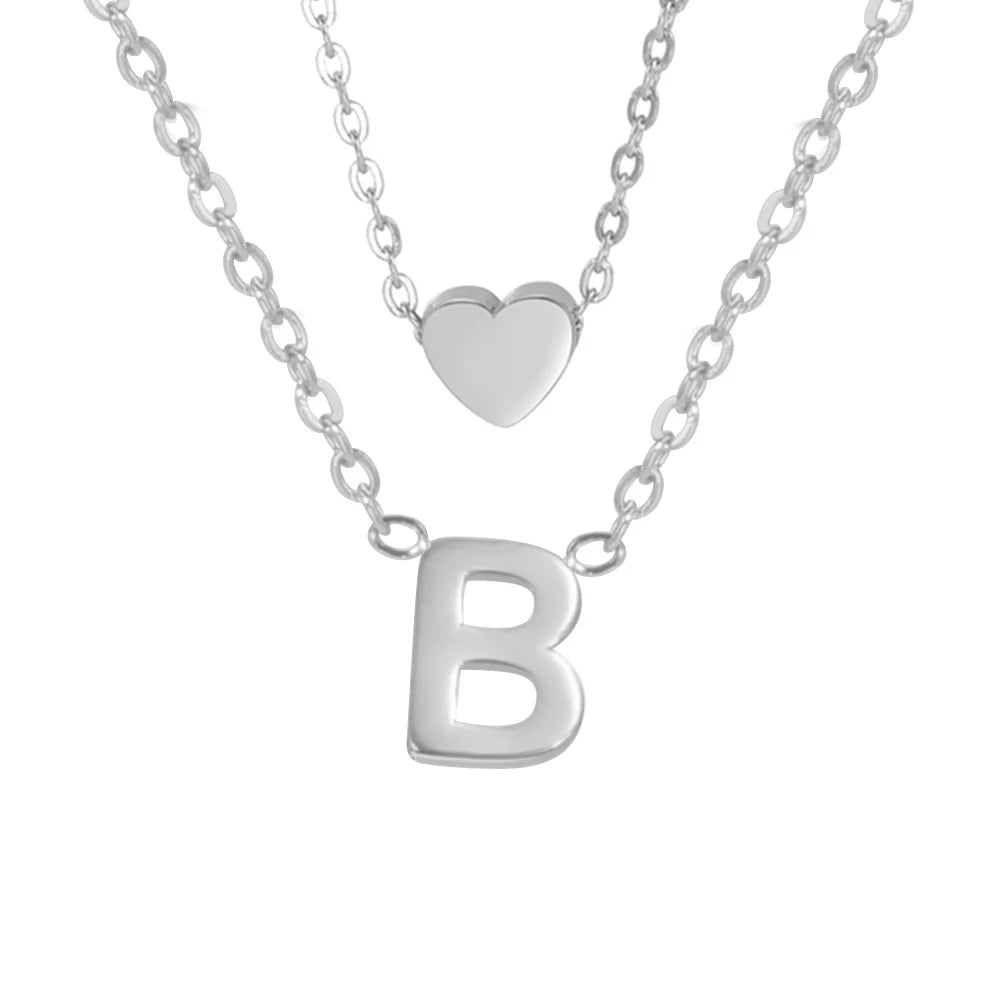 Amaxer Initial Letter Heart Pendant Double Layer Necklace For Women Girl A-Z Alphabet Stainless Steel Choker Collar Jewelry Gift