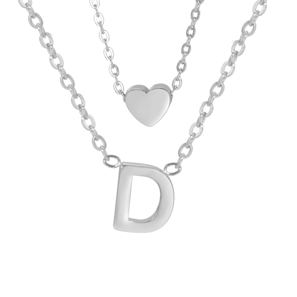 Amaxer Initial Letter Heart Pendant Double Layer Necklace For Women Girl A-Z Alphabet Stainless Steel Choker Collar Jewelry Gift