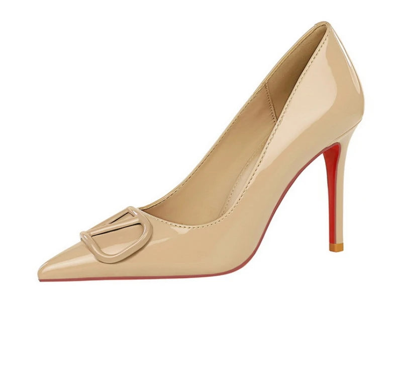 European And American Style Banquet Temperament Pointed Toe High Heels Single Shoes Patent Leather V-Buckle Sexy Women's Shoes