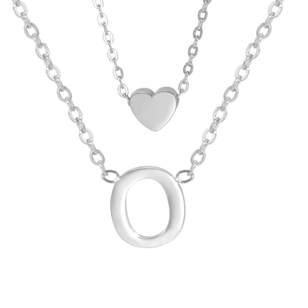Amaxer Initial Letter Heart Pendant Double Layer Necklace For Women Girl A-Z Alphabet Stainless Steel Choker Collar Jewelry Gift