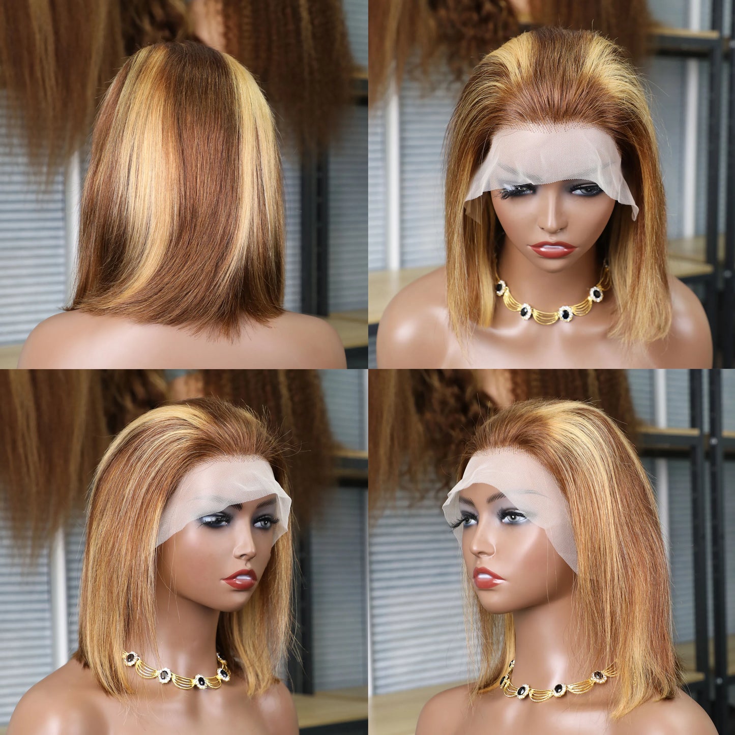 Peruca reta Bob com mechas Ombre, densidade 200%, 13x4 HD, renda frontal, 4/27, loira mel, brasileira, cabelo humano 100% pré-arrancado