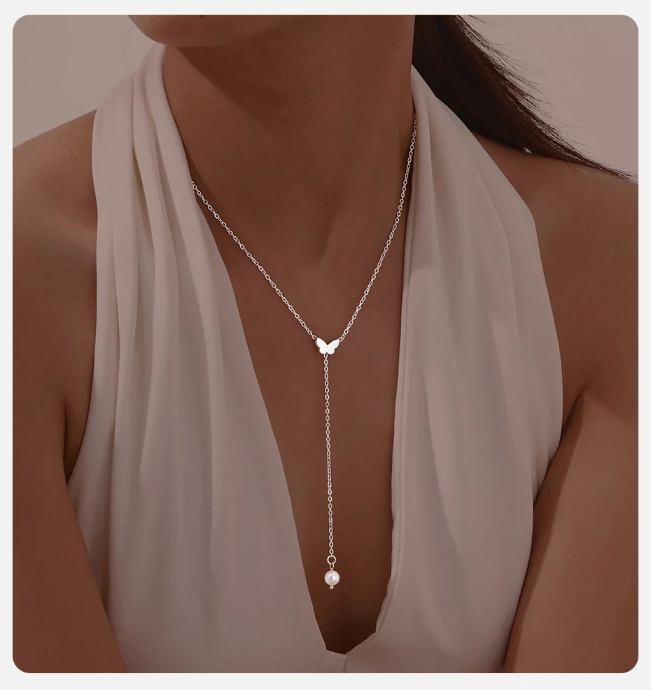 Vnox Heart Butterfly Charm Necklaces for Women, Simple Sweater Chain Collar, Y Necklaces Love Gift for Her