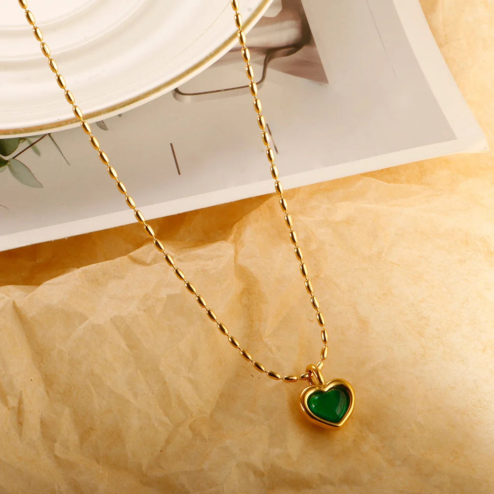 New Ins Simple Green Heart Pendant Love Necklace Beads Chain Titanium Steel Rice Necklace for Women Girls Trendy Party Jewelry
