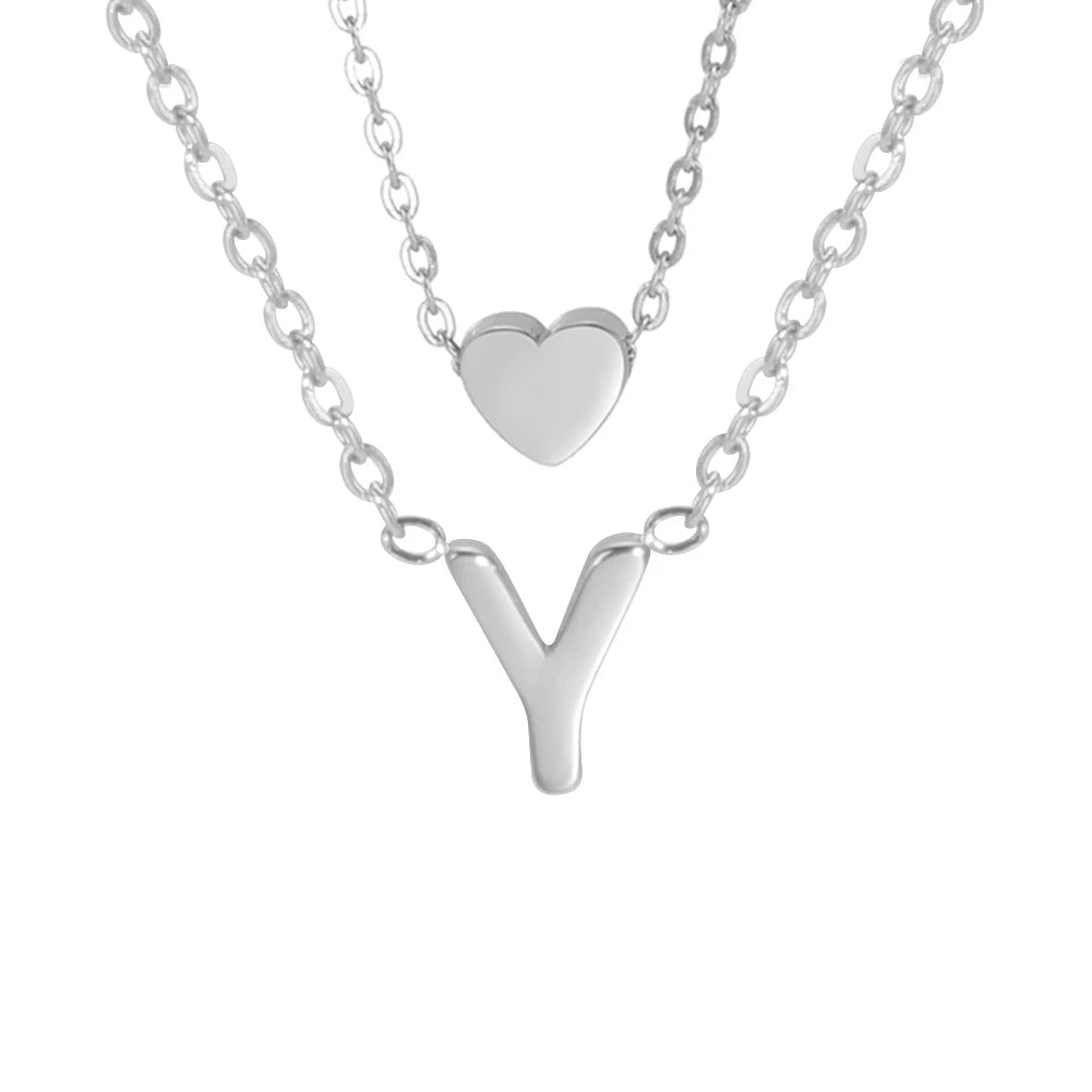 Amaxer Initial Letter Heart Pendant Double Layer Necklace For Women Girl A-Z Alphabet Stainless Steel Choker Collar Jewelry Gift