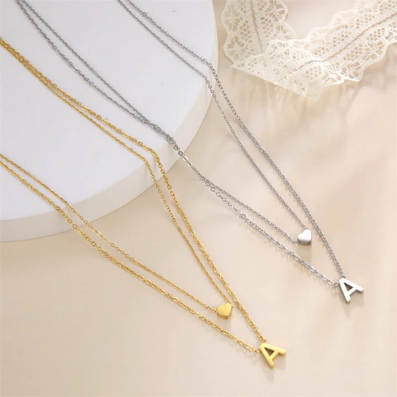 Fashion Tiny Heart Initial Necklace Gold Silver Color Multilayer Letter Choker Necklace For Women Charm Pendant Jewelry Gift