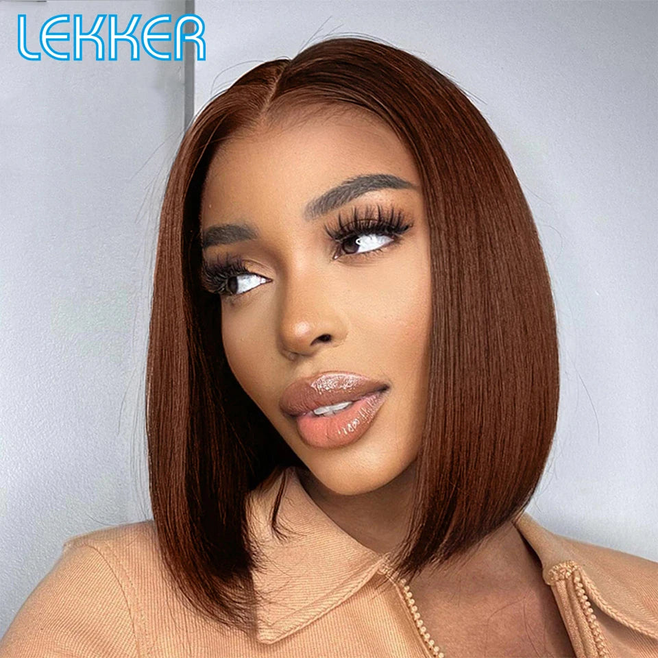 Lekker Highlight Brown Straight Bob 13x1 T Part Lace Front 100% Human Hair Wigs For Women Brazilian Remy Hair Colored Bob Wigs