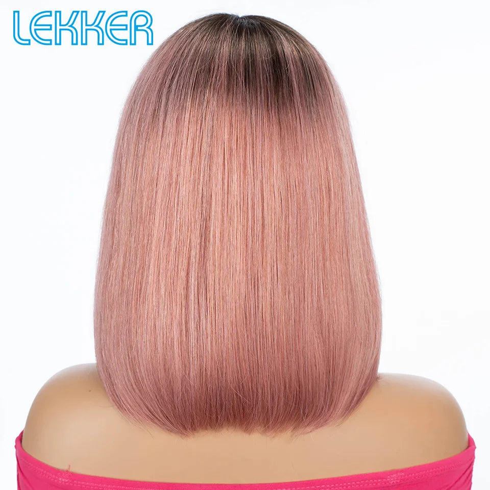 Lekker Highlight Brown Straight Bob 13x1 T Part Lace Front 100% Human Hair Wigs For Women Brazilian Remy Hair Colored Bob Wigs