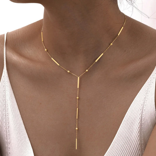 Beaded Long Chain Y Shape Necklace For Women, Minimalist Drop Bar Pendant Choker Necklaces, Clavicle Chain Jewelry