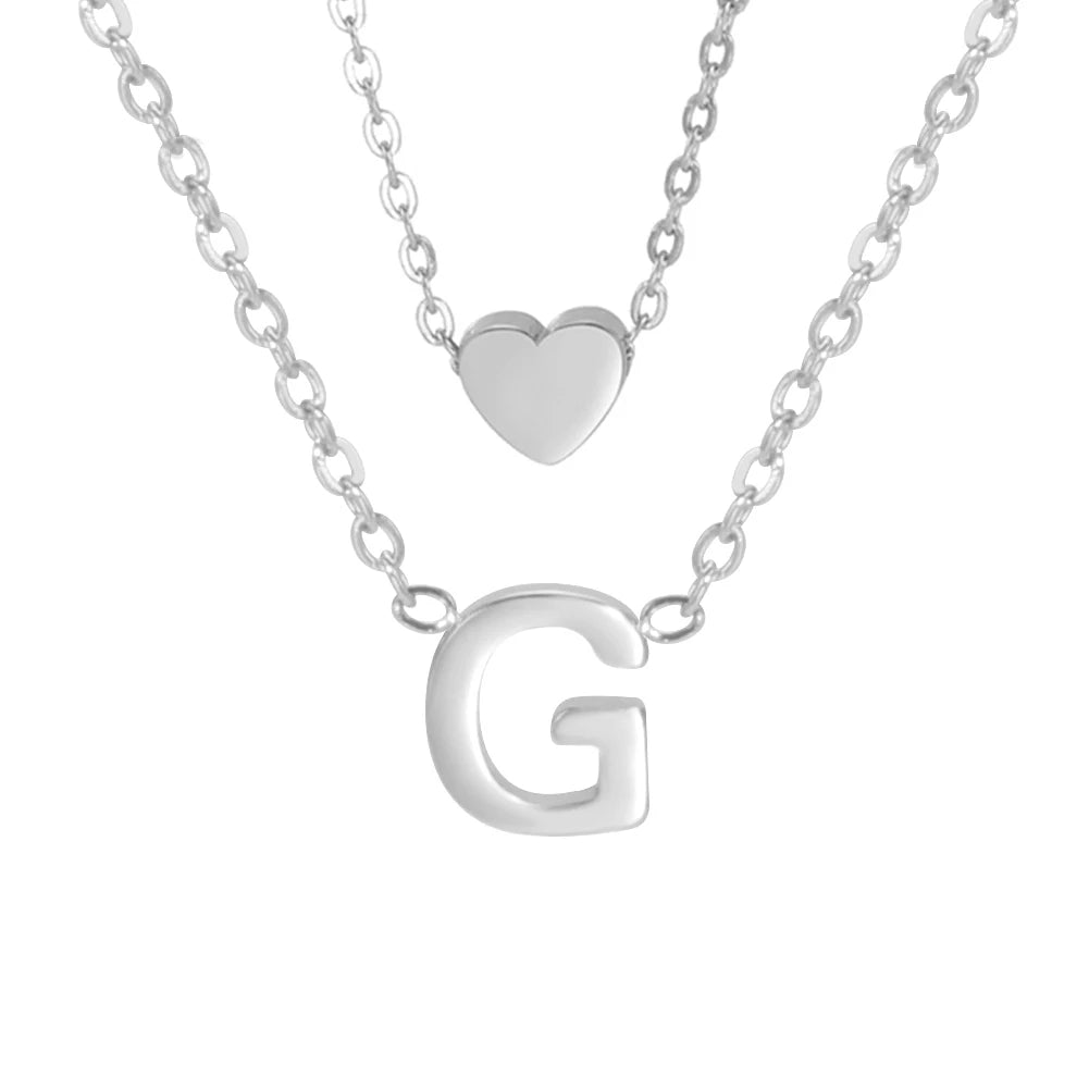 Amaxer Initial Letter Heart Pendant Double Layer Necklace For Women Girl A-Z Alphabet Stainless Steel Choker Collar Jewelry Gift