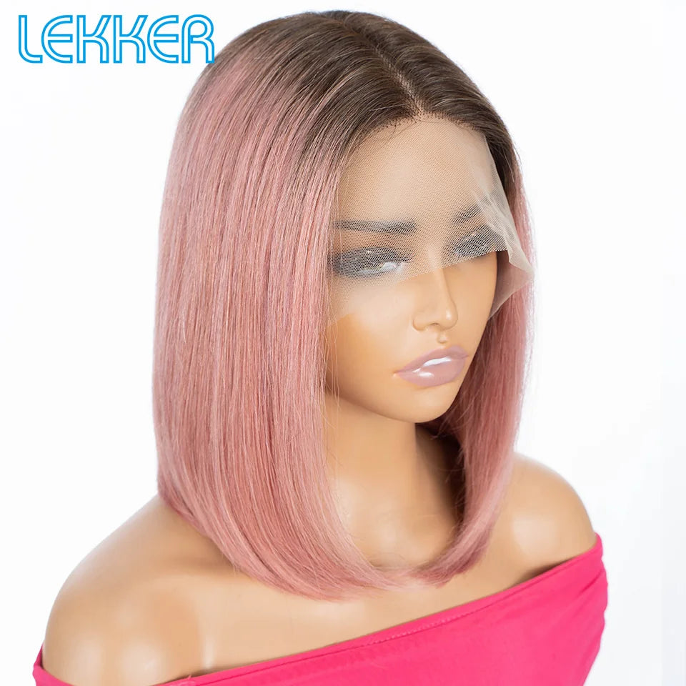 Lekker Highlight Brown Straight Bob 13x1 T Part Lace Front 100% Human Hair Wigs For Women Brazilian Remy Hair Colored Bob Wigs