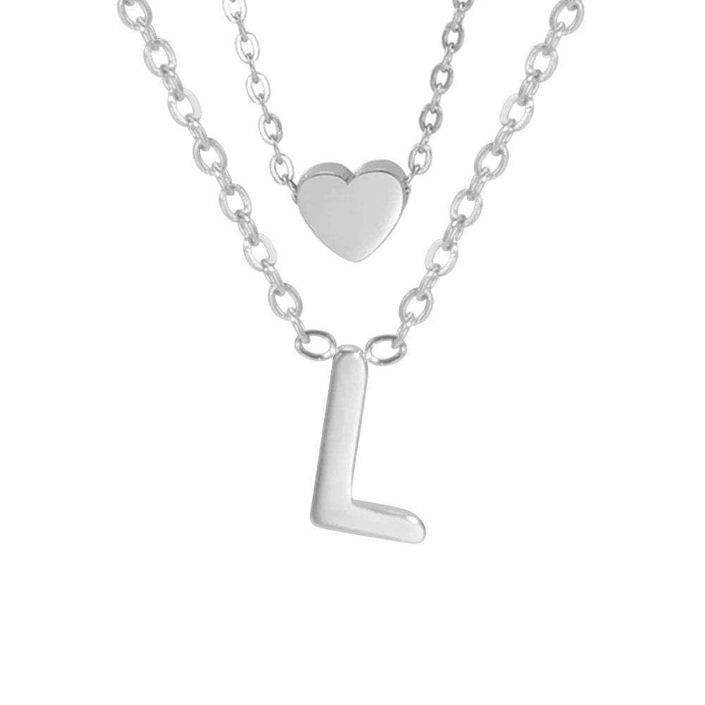 Amaxer Initial Letter Heart Pendant Double Layer Necklace For Women Girl A-Z Alphabet Stainless Steel Choker Collar Jewelry Gift