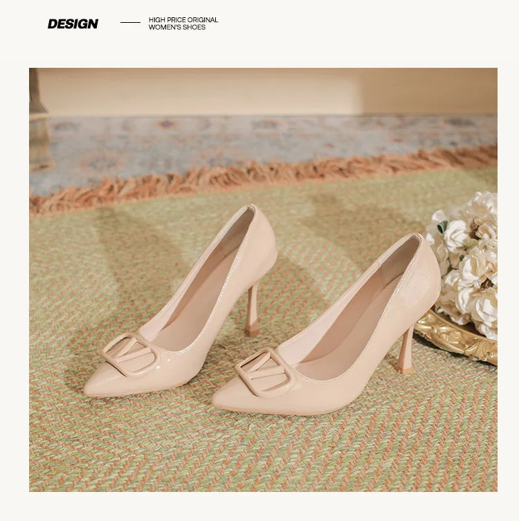 2025SS Ladies Latest 6-10CM Elegant Women's Nude Patent Leather Pumps V-Buckle Pointed Toe Thin Heel Niche Unique Design Shoes