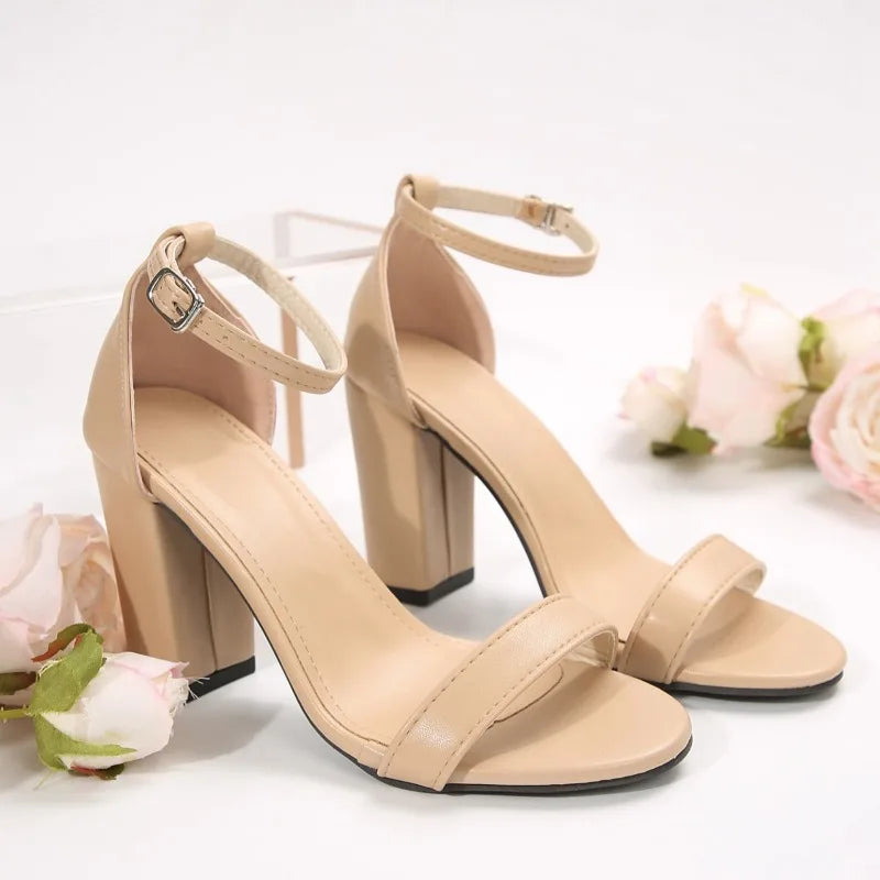 One Strap Block Heel Sandals Summer New Round Toe Open Toe Suede Non-Slip Wear-Resistant High Heels