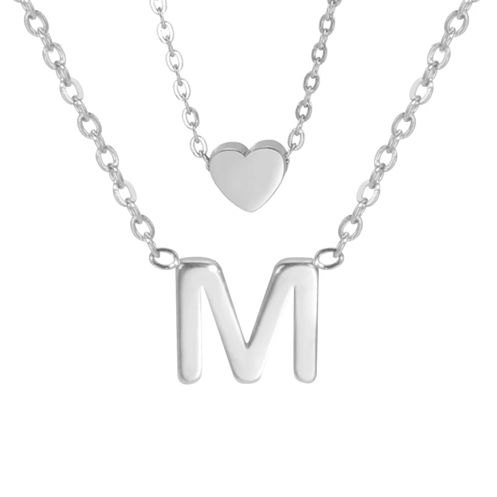 Amaxer Initial Letter Heart Pendant Double Layer Necklace For Women Girl A-Z Alphabet Stainless Steel Choker Collar Jewelry Gift