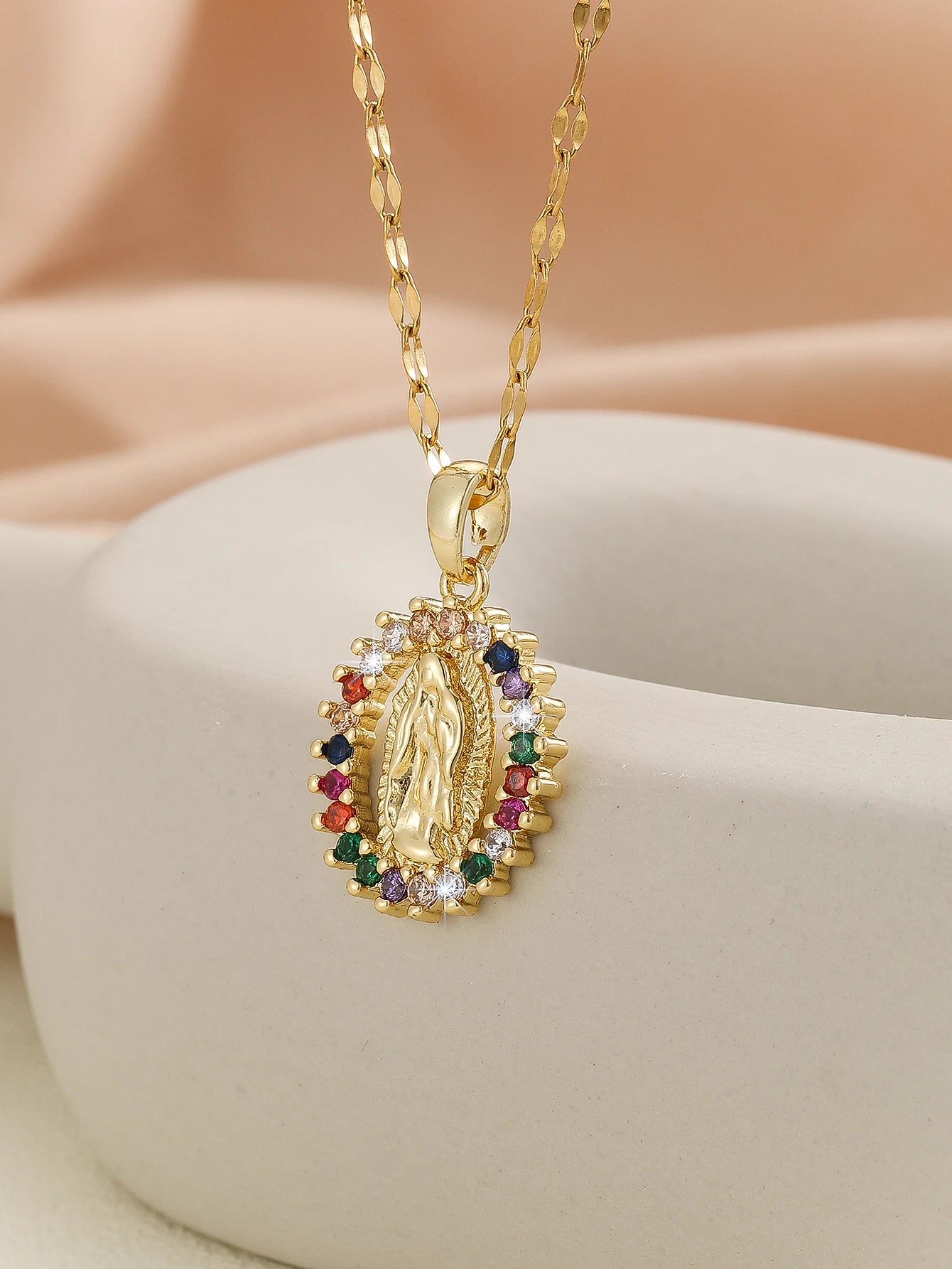 European and American Fashion and Gorgeous Women's All Sky Star Micro Inlaid Colorful Zircon Virgin Mary Hollow Necklace