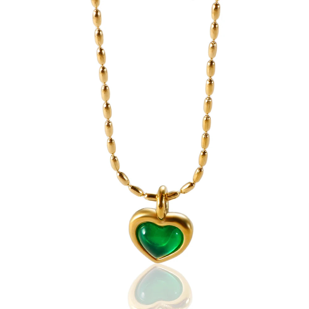 New Ins Simple Green Heart Pendant Love Necklace Beads Chain Titanium Steel Rice Necklace for Women Girls Trendy Party Jewelry