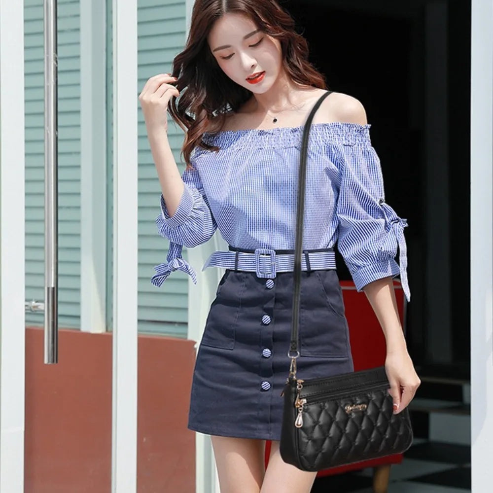 Fashion PU Leather Zipper New Fashion Shoulder Bag Crossbody Bags Women Embroidery Thread Small Purse and Handbags Ladies Bag