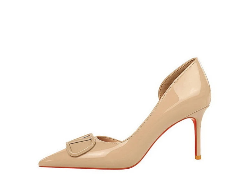 French Square Buckle Side Empty Slim Heel High Heels Women's Shoes Patent Leather Shiny Pointed Toe Shallow Mouth Single Shoes