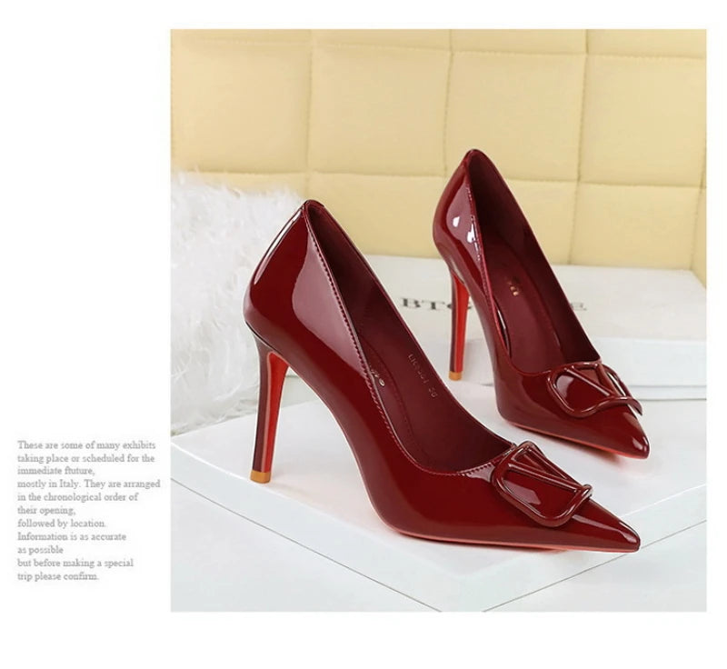 European And American Style Banquet Temperament Pointed Toe High Heels Single Shoes Patent Leather V-Buckle Sexy Women's Shoes