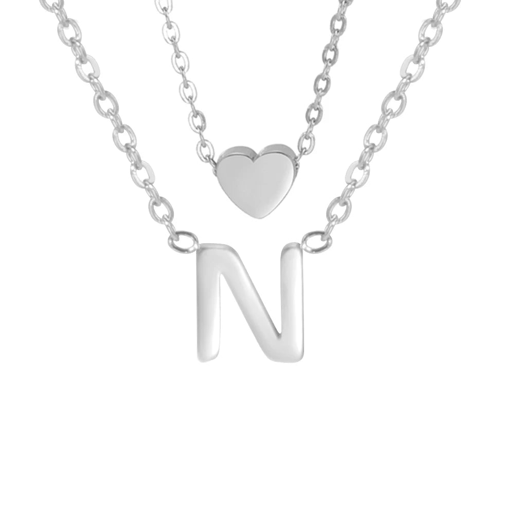 Amaxer Initial Letter Heart Pendant Double Layer Necklace For Women Girl A-Z Alphabet Stainless Steel Choker Collar Jewelry Gift