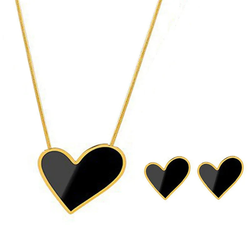 316L Stainless Steel Trend Black Big Heart Pendant Titanium Light Luxury Simple Versatile Necklace Stud Earrings Set