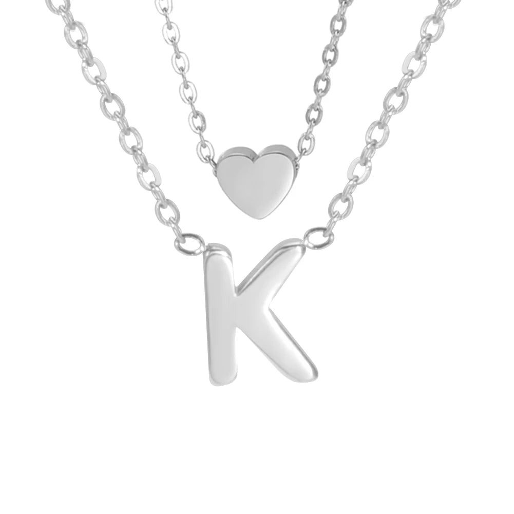 Amaxer Initial Letter Heart Pendant Double Layer Necklace For Women Girl A-Z Alphabet Stainless Steel Choker Collar Jewelry Gift