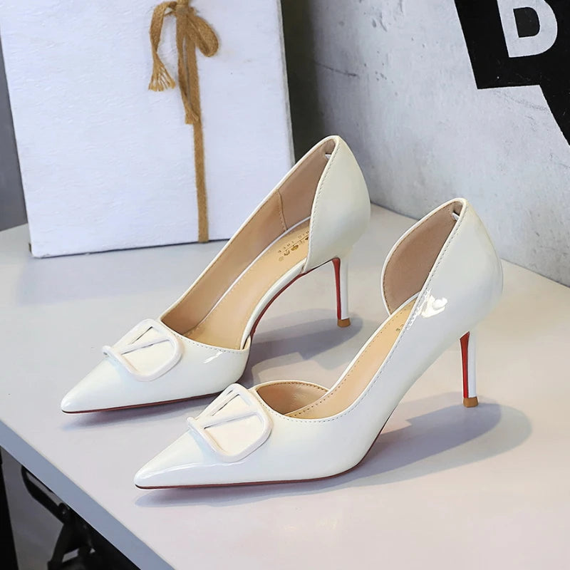 French Square Buckle Side Empty Slim Heel High Heels Women's Shoes Patent Leather Shiny Pointed Toe Shallow Mouth Single Shoes