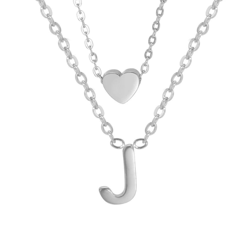 Amaxer Initial Letter Heart Pendant Double Layer Necklace For Women Girl A-Z Alphabet Stainless Steel Choker Collar Jewelry Gift