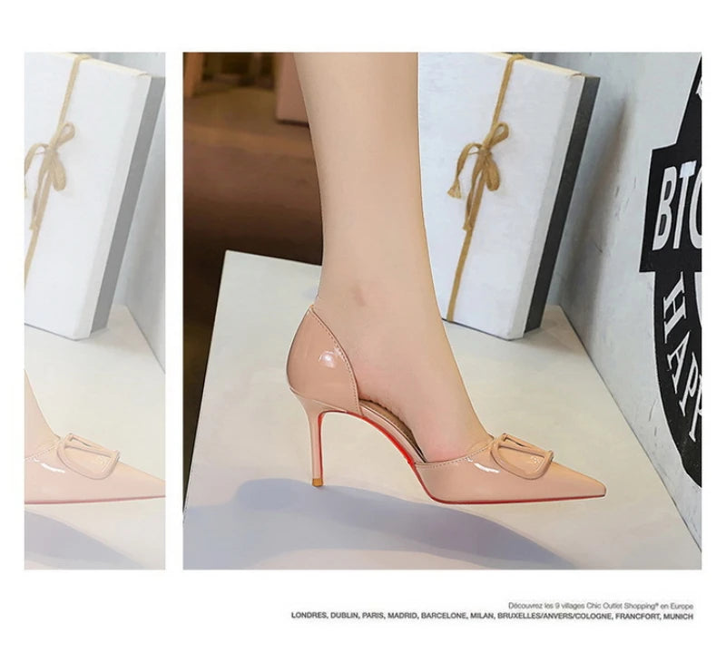 French Square Buckle Side Empty Slim Heel High Heels Women's Shoes Patent Leather Shiny Pointed Toe Shallow Mouth Single Shoes