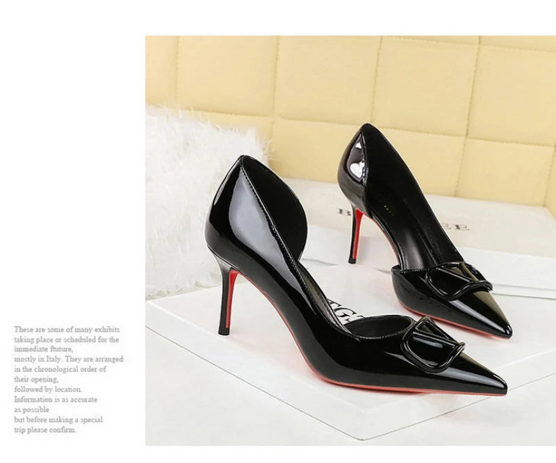 French Square Buckle Side Empty Slim Heel High Heels Women's Shoes Patent Leather Shiny Pointed Toe Shallow Mouth Single Shoes