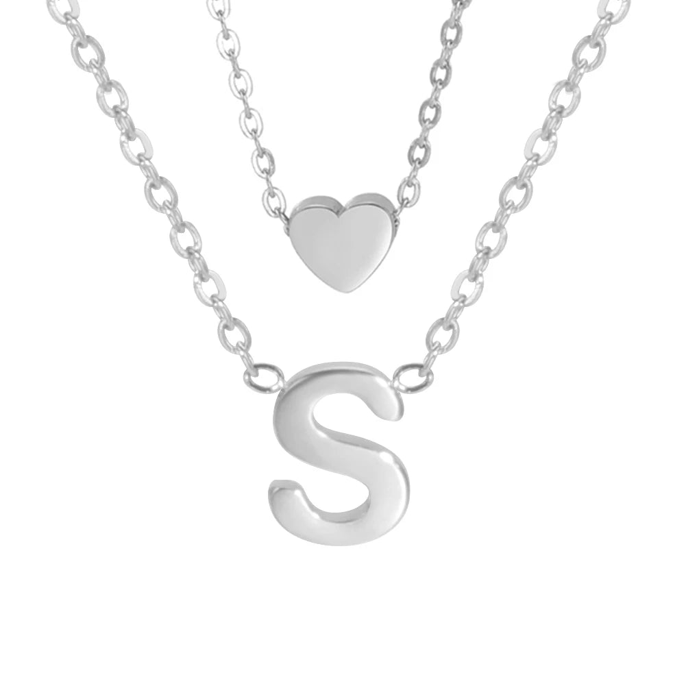 Amaxer Initial Letter Heart Pendant Double Layer Necklace For Women Girl A-Z Alphabet Stainless Steel Choker Collar Jewelry Gift