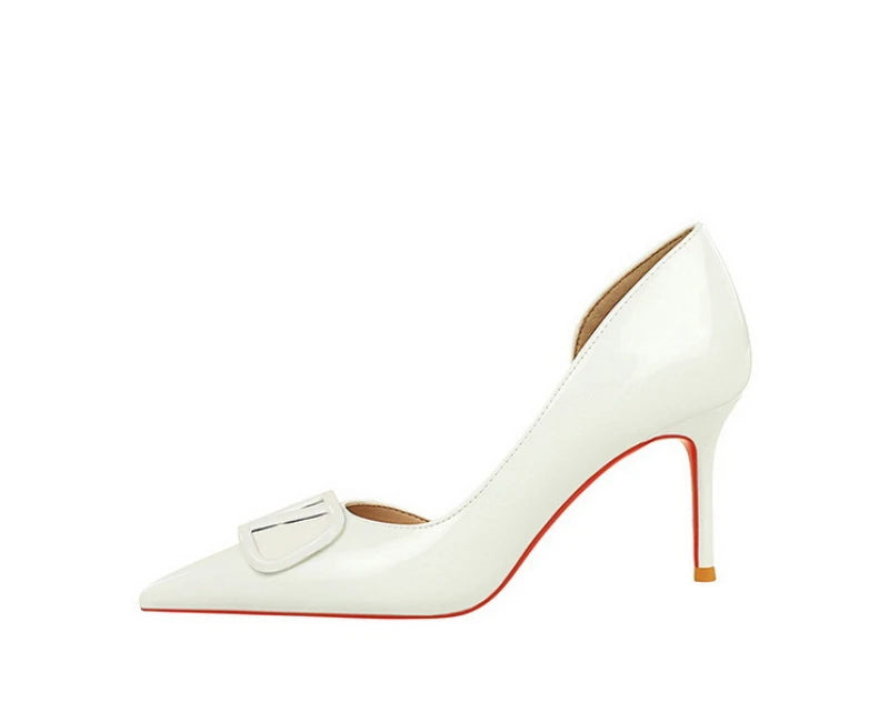 French Square Buckle Side Empty Slim Heel High Heels Women's Shoes Patent Leather Shiny Pointed Toe Shallow Mouth Single Shoes