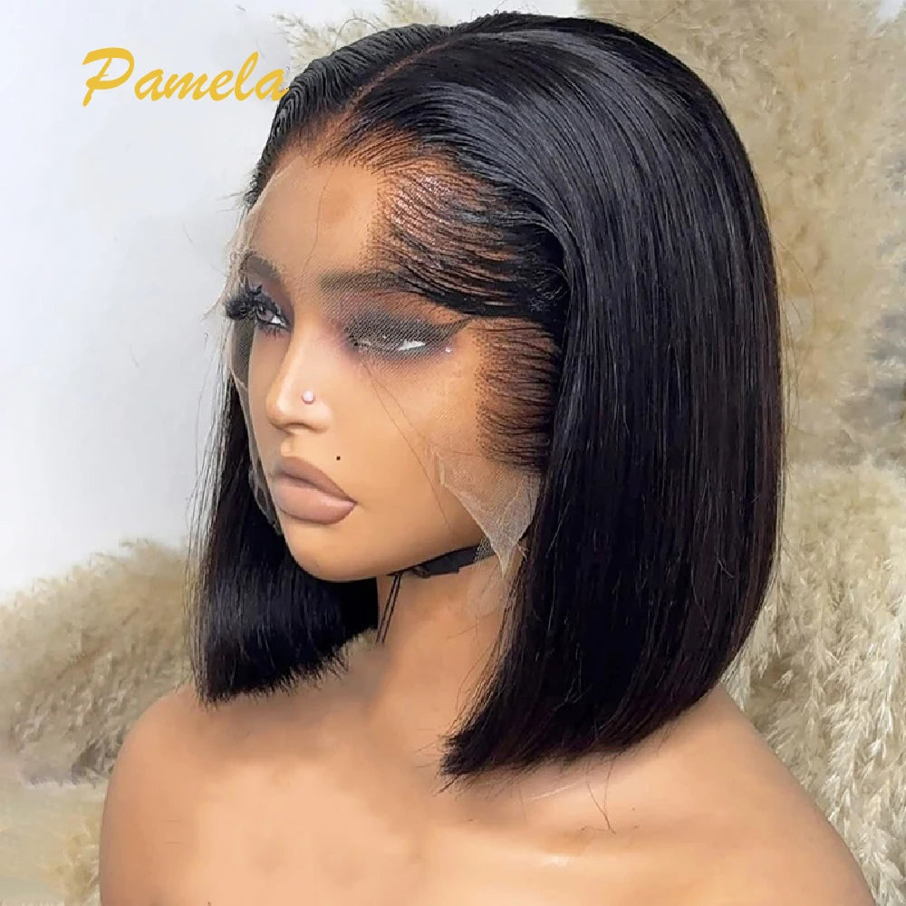 Peruca de cabelo humano Lagos Hairline, cor marrom, lisa, 13x6, transparente, renda frontal, pré-depilada, curta, bob, feminina