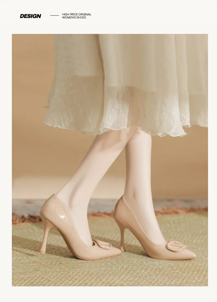 2025SS Ladies Latest 6-10CM Elegant Women's Nude Patent Leather Pumps V-Buckle Pointed Toe Thin Heel Niche Unique Design Shoes