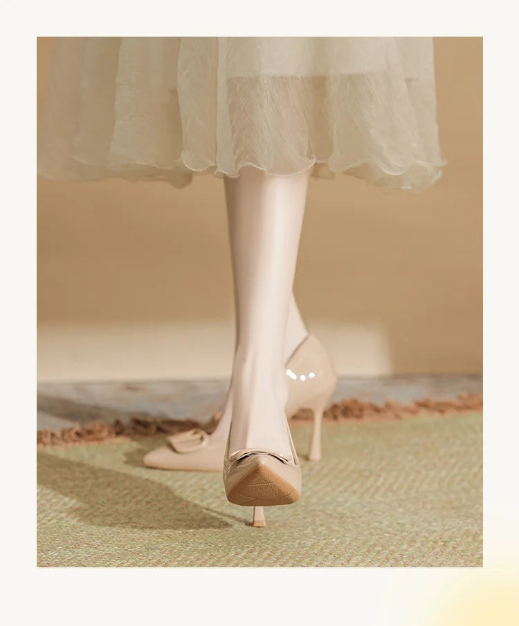 2025SS Ladies Latest 6-10CM Elegant Women's Nude Patent Leather Pumps V-Buckle Pointed Toe Thin Heel Niche Unique Design Shoes