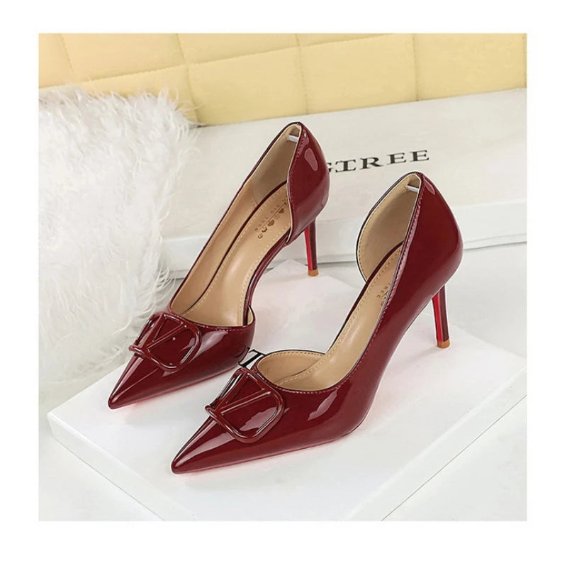 French Square Buckle Side Empty Slim Heel High Heels Women's Shoes Patent Leather Shiny Pointed Toe Shallow Mouth Single Shoes
