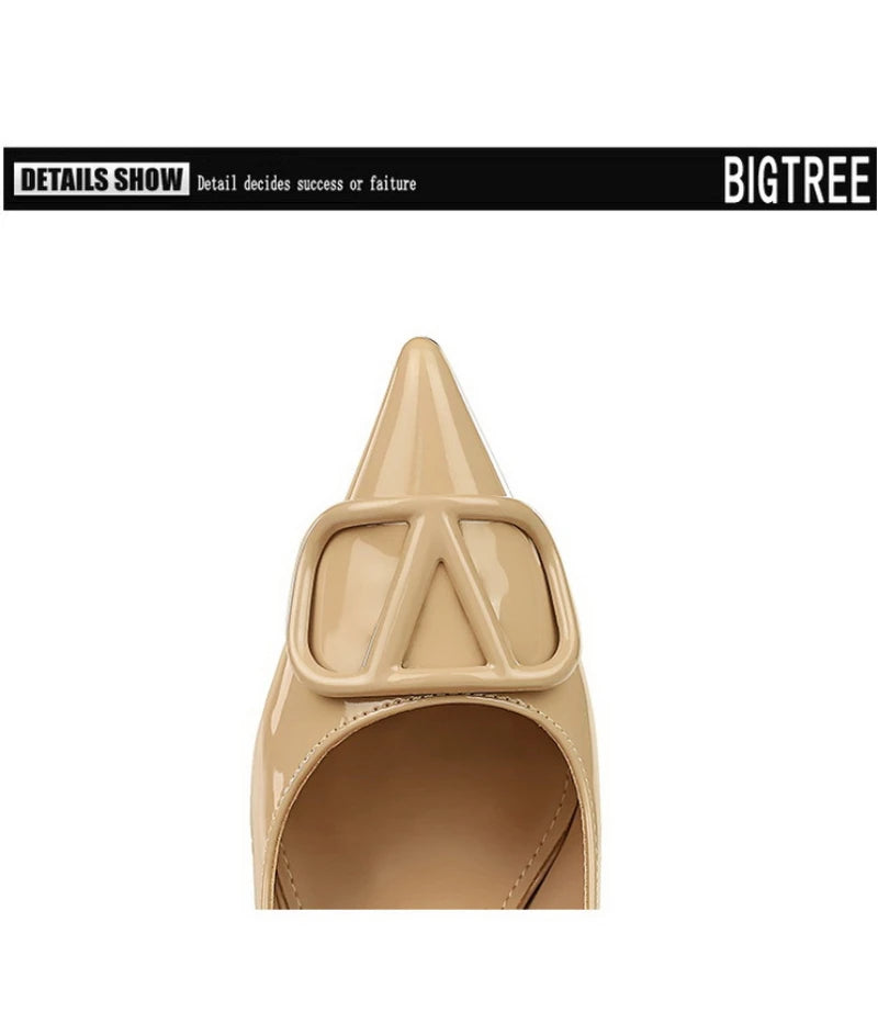 European And American Style Banquet Temperament Pointed Toe High Heels Single Shoes Patent Leather V-Buckle Sexy Women's Shoes