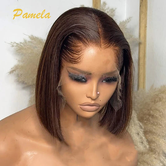 Peruca de cabelo humano Lagos Hairline, cor marrom, lisa, 13x6, transparente, renda frontal, pré-depilada, curta, bob, feminina