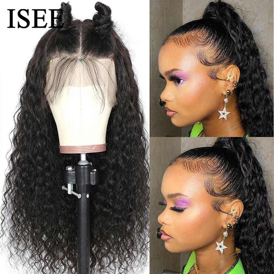 Peruca de cabelo humano encaracolado com fechamento de renda frontal HD 13x6 para mulheres, peruca de cabelo brasileiro ondulado com ondas d'água, 13x4