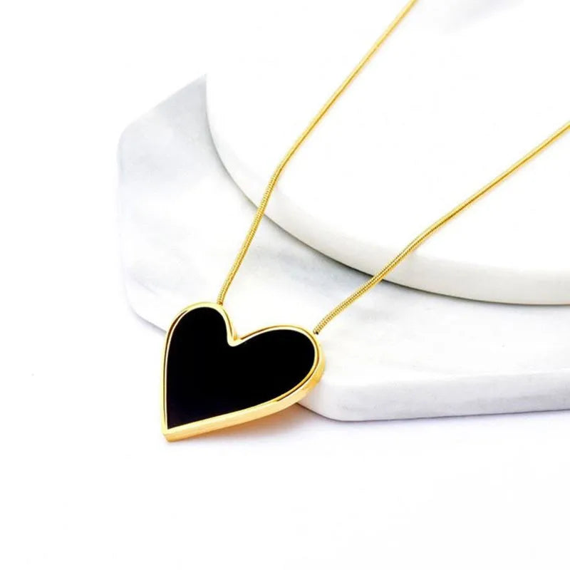 316L Stainless Steel Trend Black Big Heart Pendant Titanium Light Luxury Simple Versatile Necklace Stud Earrings Set