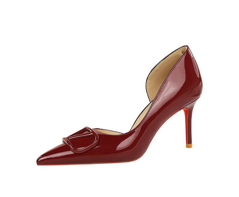 French Square Buckle Side Empty Slim Heel High Heels Women's Shoes Patent Leather Shiny Pointed Toe Shallow Mouth Single Shoes